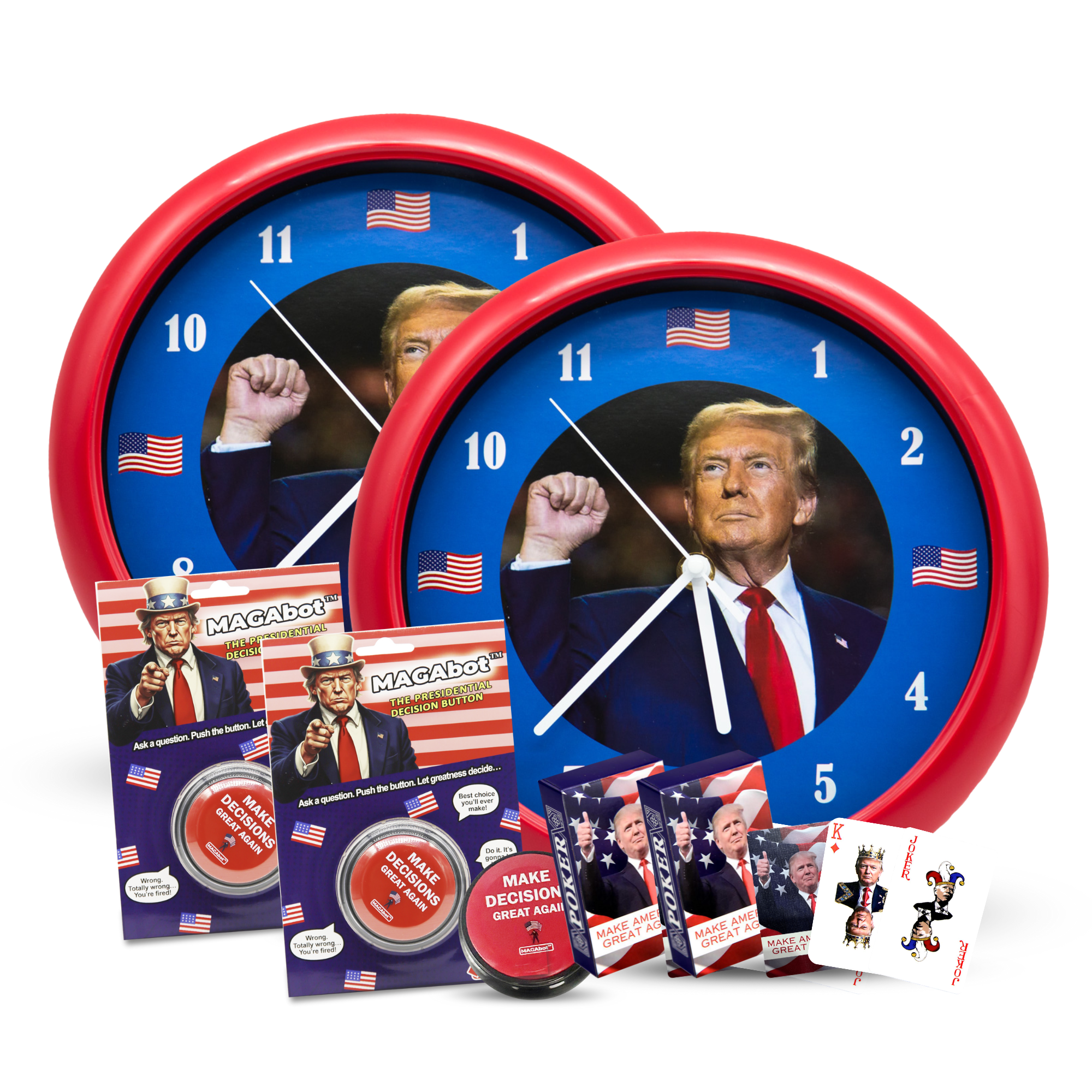 Trump Freedom Pack — Ultimate Clock, MAGAbot™ Button & Playing Cards Bundle (Best Value)
