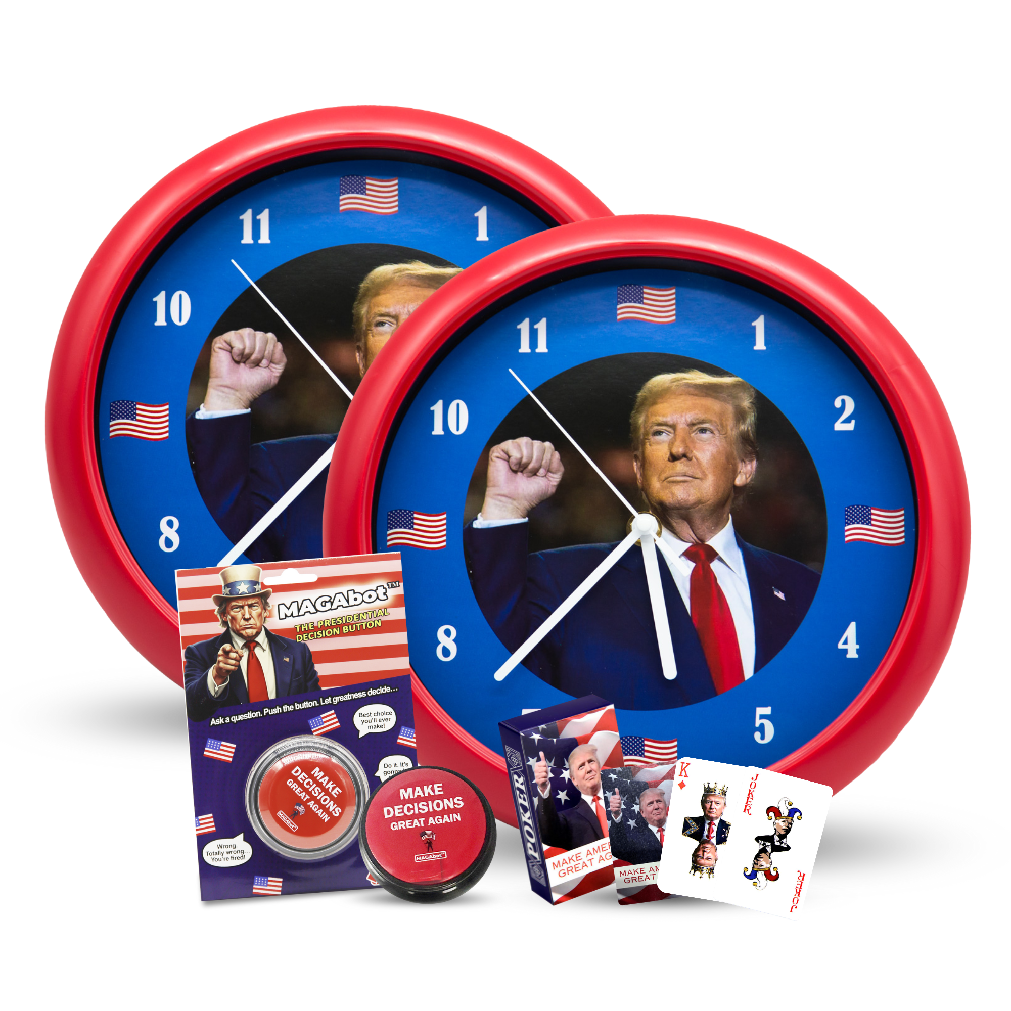 Trump Power Pack — Double Clock Bundle with MAGAbot™ Button & Playing Cards