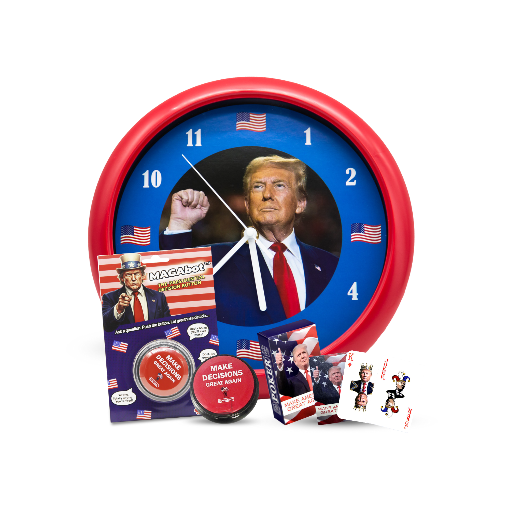 Trump Starter Pack — Clock, MAGAbot™ Button & Playing Cards Bundle